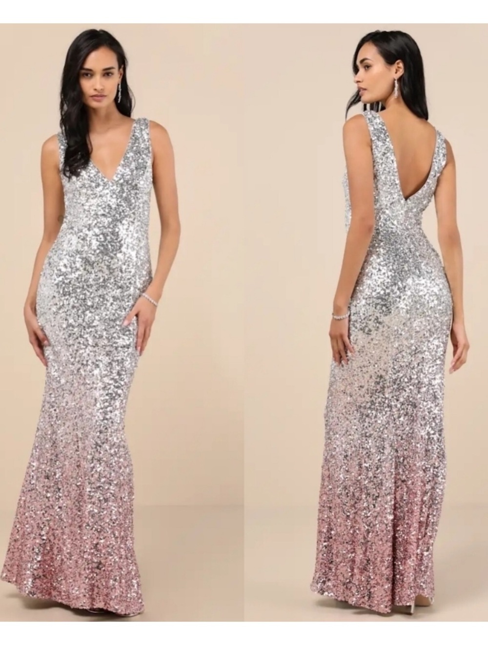 Lulus Cecina Silver Ombre Sequin Sleeveless Maxi Dress Medium New